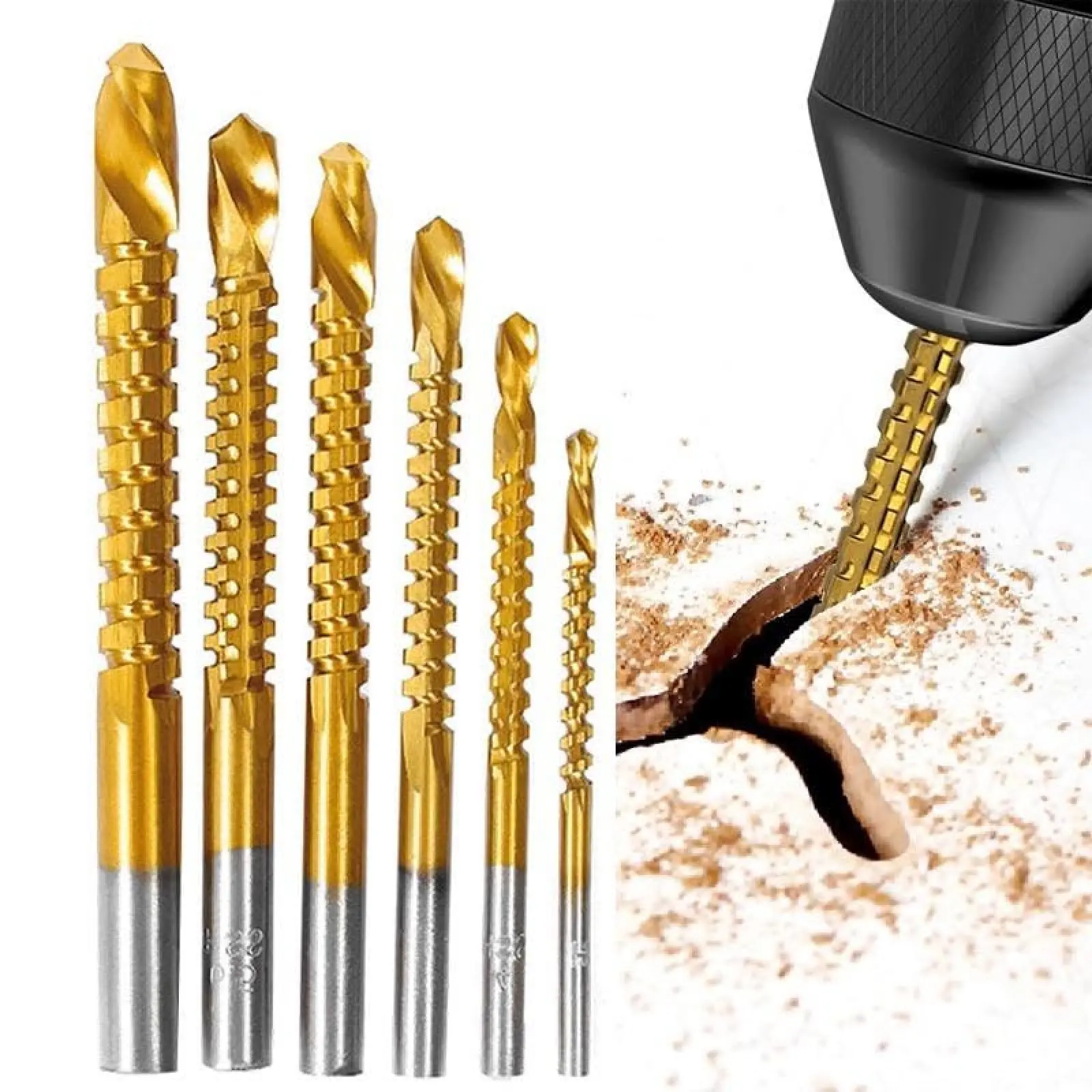 6 Pack Titanium-Plated High-Speed Steel Drill Bits, Metalworking & Woodworking Work Tools Set for Plastic, Metal, Wood Drilling