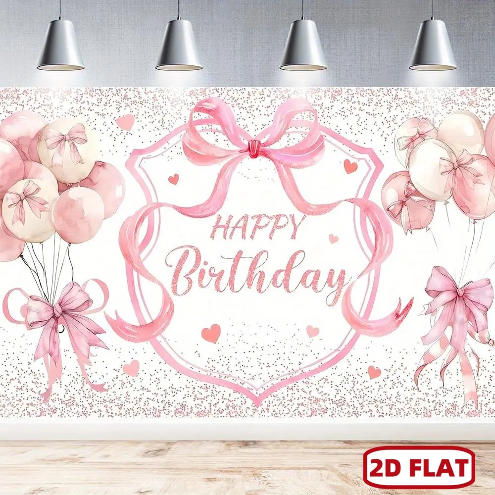 1pc Polyester 2D Flat Banner - Glitter Print with Pink Bow, Square Balloon Backdrop, Birthday Party Decor, Home & Festive Supply