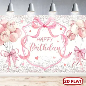 1pc Polyester 2D Flat Banner, Glitter Print with Pink Bow, Birthday Party Decorations, Party Photography Backdrop, Home & Festive Supplies