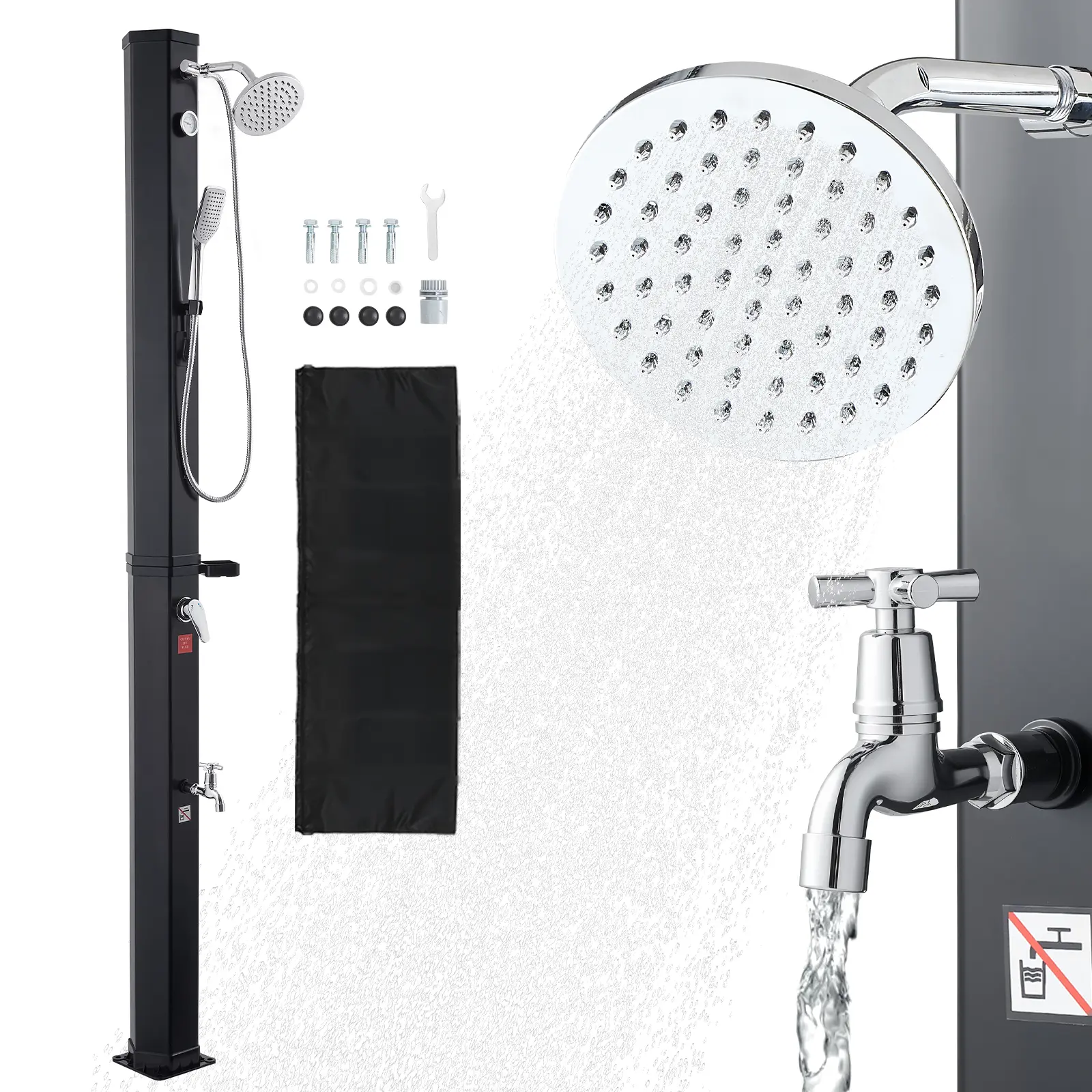 VEVOR 10.6 Gal Solar Heated Shower, 6.7ft Showerhead Height Outdoor Shower, with Handheld & Foot Faucet, Hot & Cold Water Adjustment, Freestanding for Backyard Poolside Beach Pool, Black