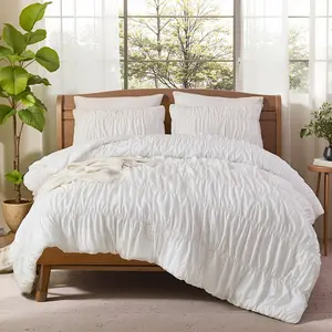 Boho Comforter Set Queen/King Size,White Ruched Bedding Set,100% Cotton Durable Fluffy Comforter 3 Pcs,Vintage Ruffle White Bedding King Size Bed Set with 1 Comforter 2 Pillowcases