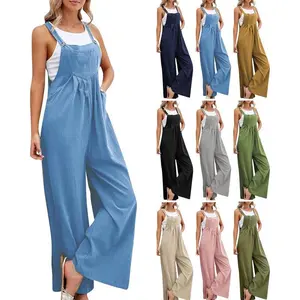 Linen Overalls for Women Loose Fit Adjustable Straps Bib Jumpsuits Square Neck Wide Leg Gardening Overalls w/Pockets