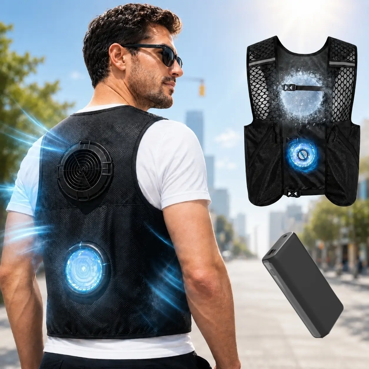 Cooling Vest with Special Power Bank, Semiconductor Cooling Disc, High Speed Fan with 4 Wind Speed Adjustable, Wear Resistant Reflective Safety Vest for Outdoor Cycling, Hiking, Fishing, Working for Men & Women