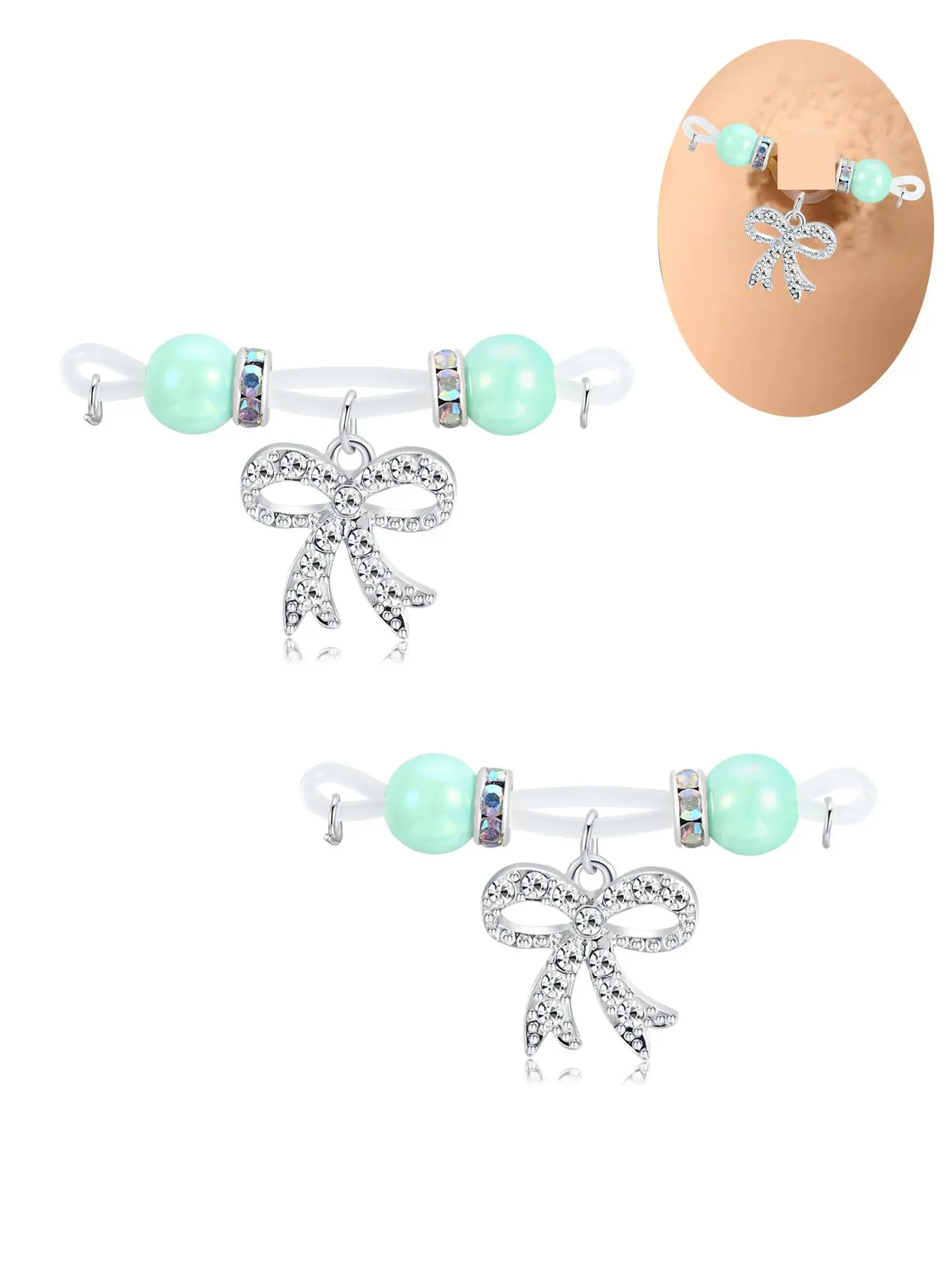 Adjustable Non-Pierced Nipple Ring Body Jewelry Set, Body Accessory, Plastic Chain, Lightweight, CZ Heart and Bow Pendant Design, Teardrop Zirconia Accents, Water Drop Zircon, Sparkling Zircon for Women's Everyday Wear