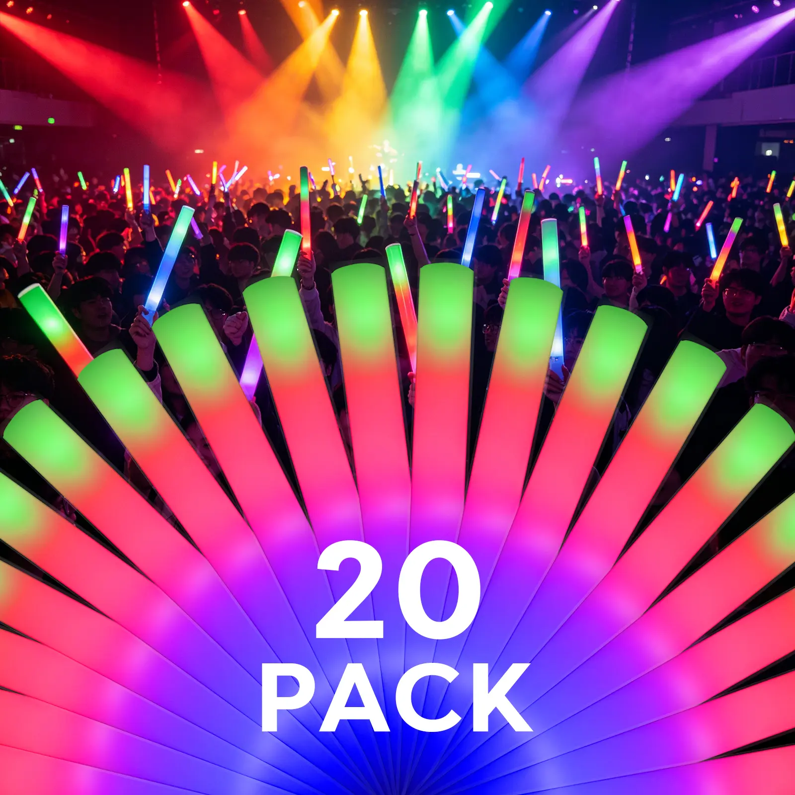 AVTCTEK 20-Pack LED Glow Sticks—Battery-operated, reusable foam glow sticks featuring three flashing modes; suitable for raves, birthdays, weddings, concerts, children's parties, and more.