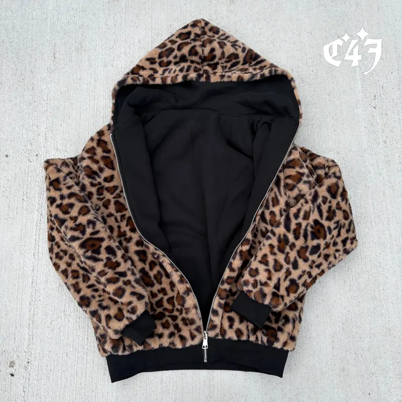 トップス Y2K darkwear leopard fur foodie jacket Blue Orange Leopard Faux Fur Jacket Neon Animal Print Hoodie Y2K