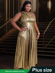 【Plus Size】 Glitter Woven Ruched Backless Formal Evening Dress, Elegant One Shoulder Sleeveless Evening Party Gown, Women's Plus Clothes for Summer, Womenswear