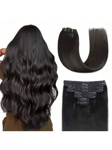 8pcs Remy Human Hair Extensions Clip Ins - Long Straight Double Weft Hairpieces Invisible Seamless Clip On Hair Extensions for Natural Look and Volume,Can be curled and styled, 16-28 Inch 1B Natural Black