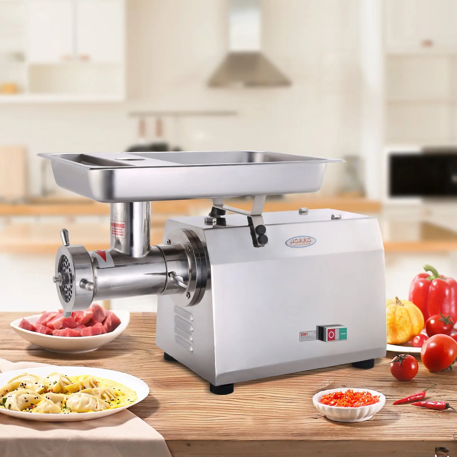 Hakka Commercial 1500W Stainless Steel Electric Meat Grinder - Metal Mincer with Aluminum Auger, Cooling Fan, Energy Efficient Motor, Compact Size, Corded Unit for Restaurant & Food Processing Kitchen Tool