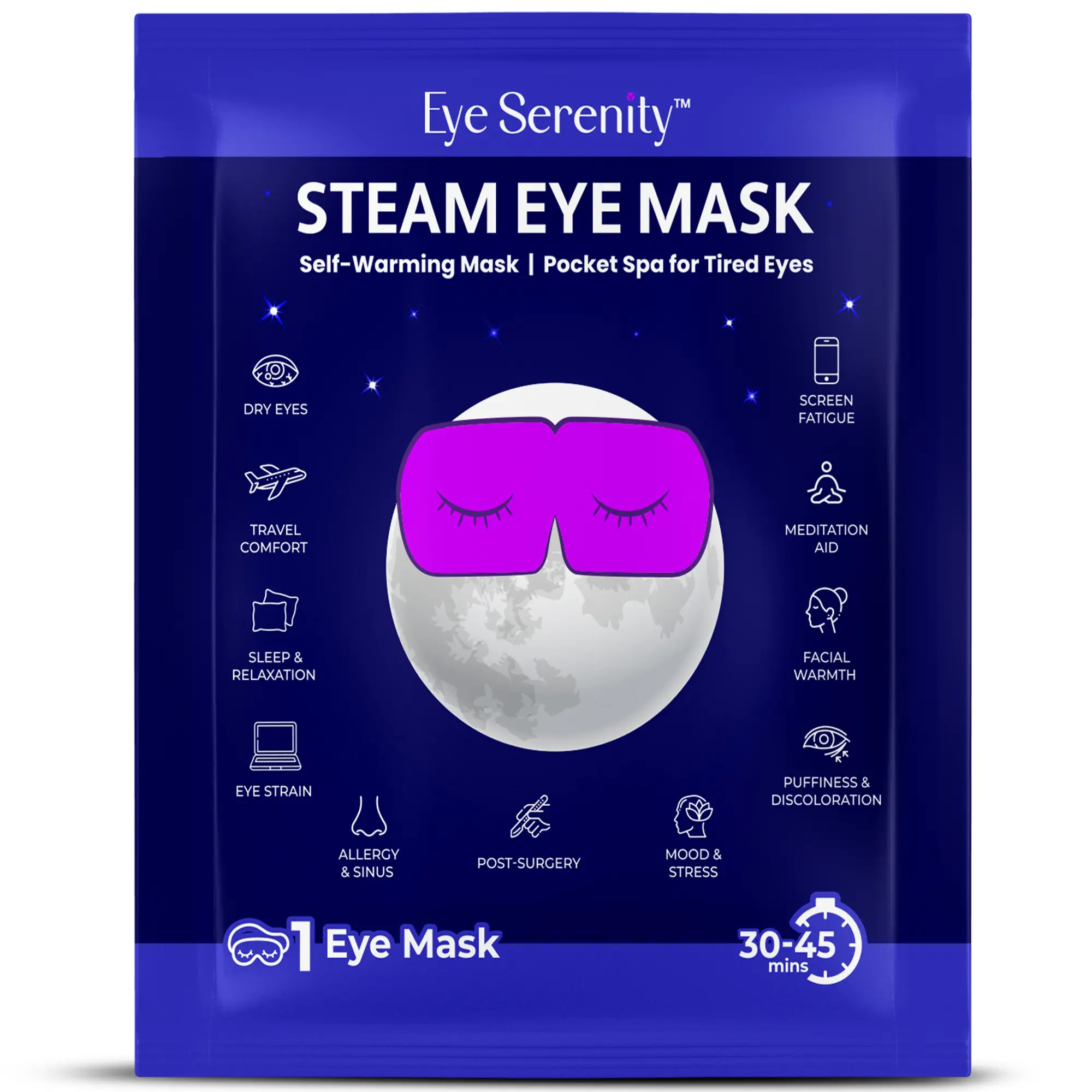 Eye Serenity Warm Eye Compress (1 Trial Pack) and Sleep Mask - Self-warming Steam Eye Mask for Dry Eyes, Screen Fatigue, Travel, Gifts -  Calming Heated Eye Mask