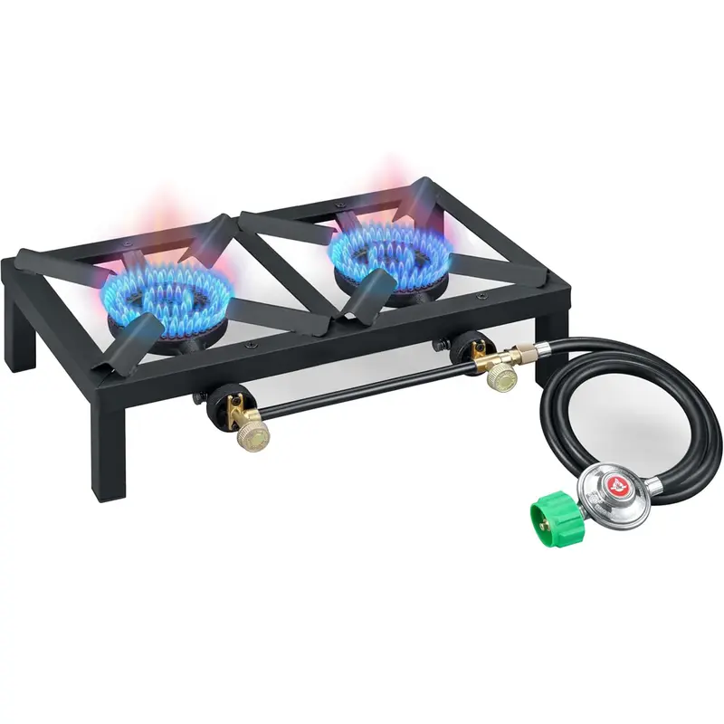 Portable Cast Iron Propane Double Burner Stove - 100,000 BTUs High Pressure, 4.1ft Adjustable Hose with CSA Certified Regulator, 1-piece Steel Frame (Solid 1-Piece Frame), Sturdy and Durable Design for Camping, Emergency Preparedness
