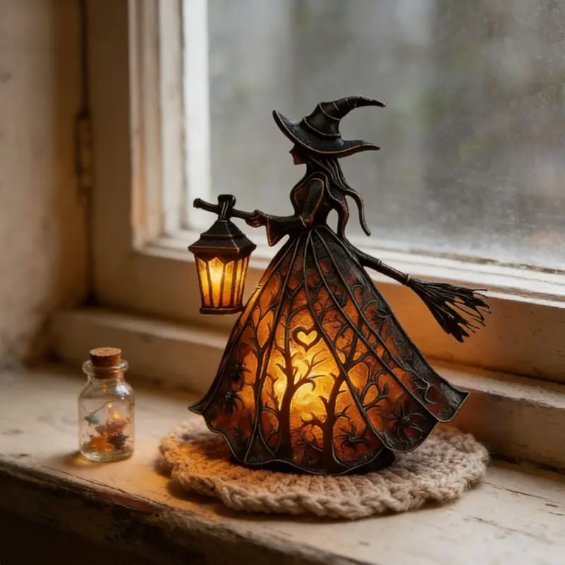 3D Spooky Witch Design Resin Table Lamp - Warm-Toned Home Decor Lantern, Ideal for Halloween Bedside Use, Compact, Single