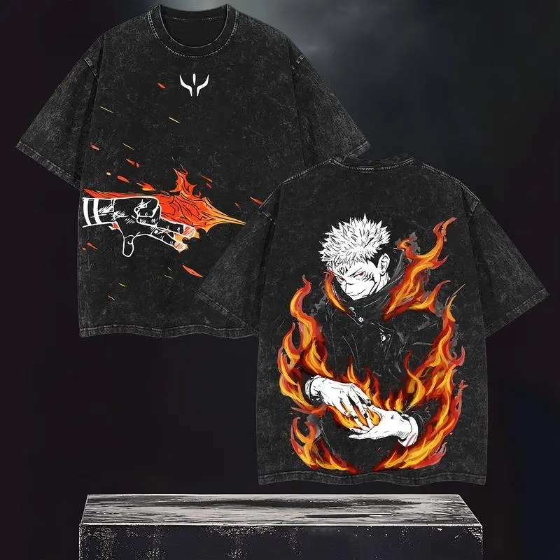 Men's Vintage Oversized Jujutsu Kaisen Short-Sleeve T-Shirt - Sukuna vs Itadori Anime Graphic, Distressed Vintage Wash Look Cotton Tops, JJK Fashion Clothes, Size S