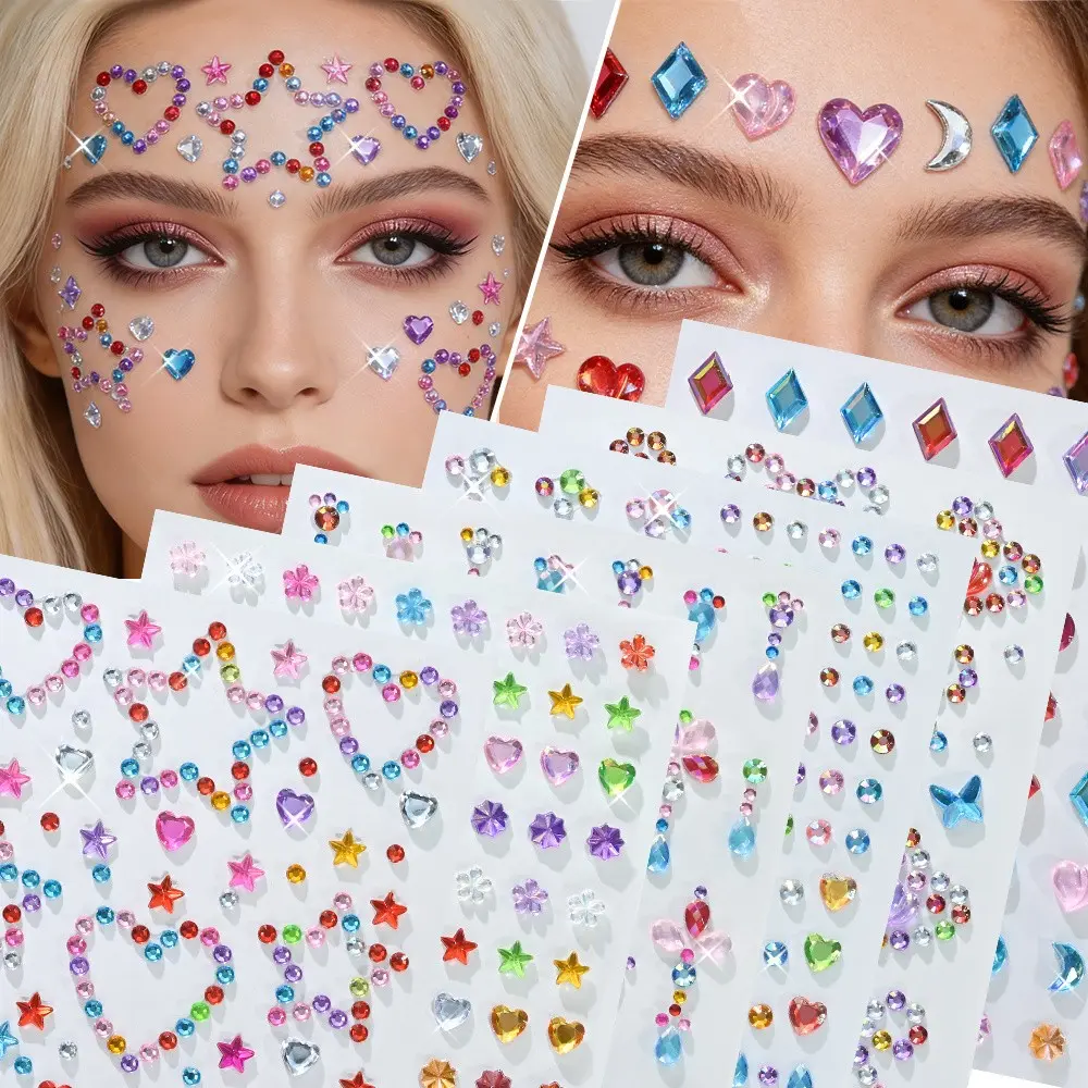 6 Sheets Mixed Color Face Gems & Body Jewels, Self-Adhesive Rhinestone Stickers, Heart Star Moon Designs, Festival Ready, Rave, Party, Halloween Decorations