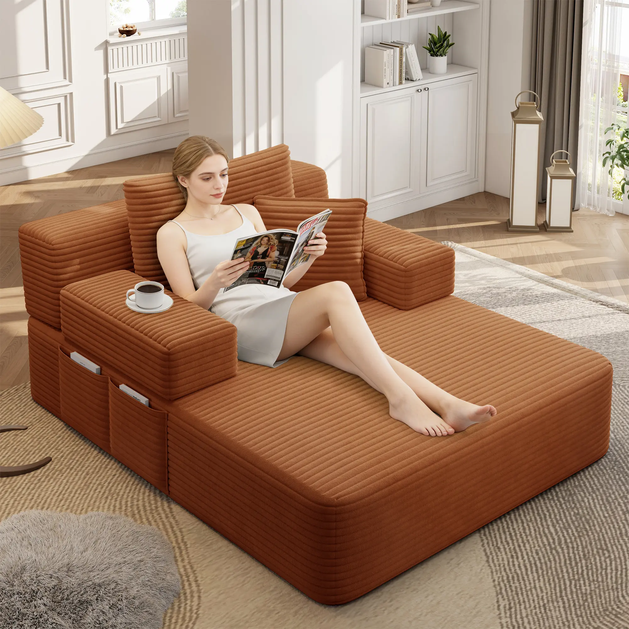 Chaise Lounge with 3 Pillows, Convertible Sofa Bed with Storage Pocket, Luxurious Plush Corduroy, Frameless Design & Compression Foam for Small Spaces, Living Room, Apartment,Orange