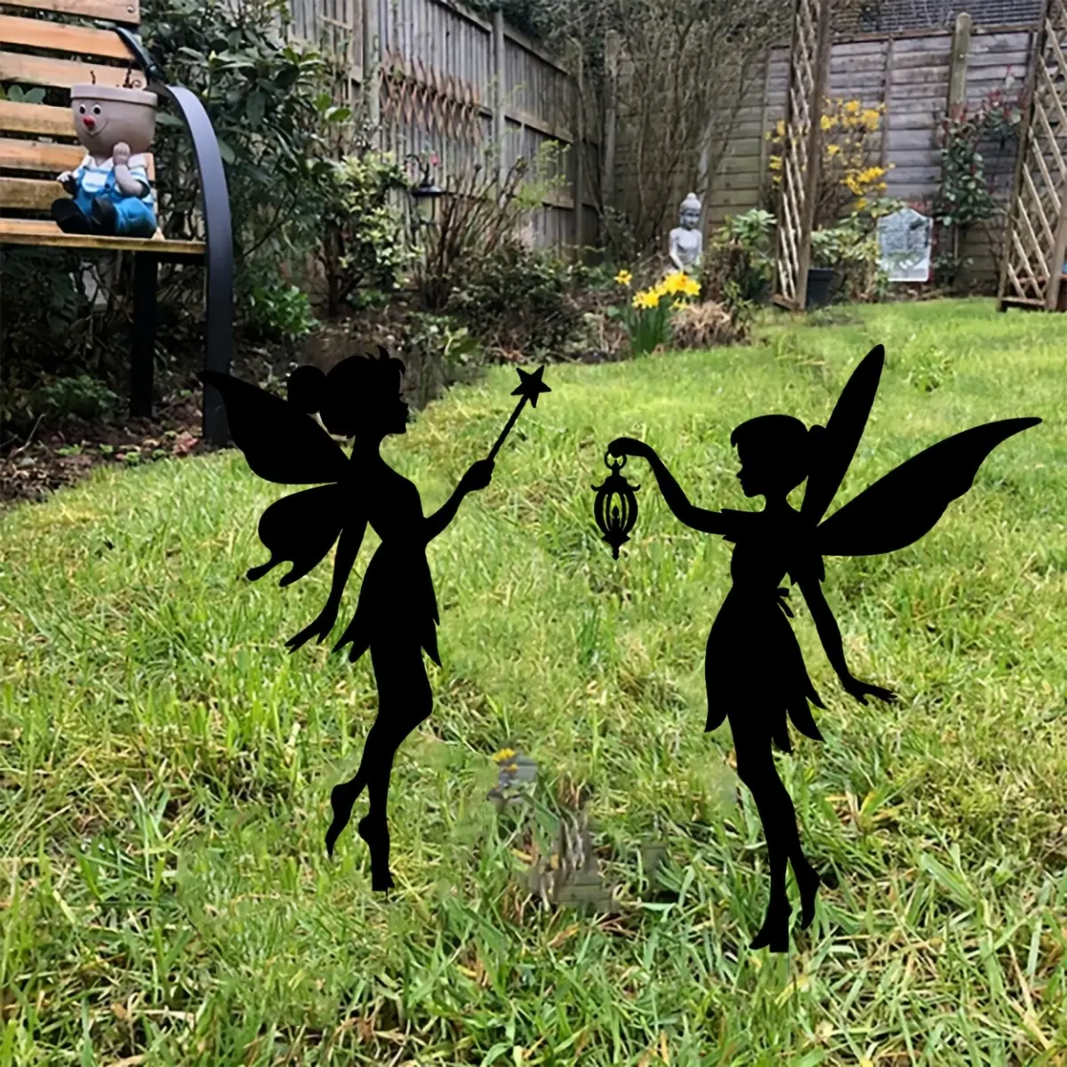 2 pieces of lantern elf/magic wand elf iron courtyard decoration ground plug, garden decoration iron stake, iron, suitable for outdoor decoration, flowerpot decoration, ideal housewarming gift