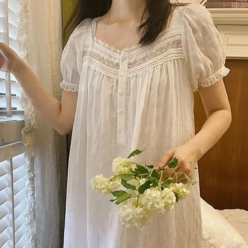 Pure Cotton Victorian Night Dress Women White Short Sleeve Long Robe  Romantic Vintage Nightgowns Princess Sleepwear Womenswear Loungewear