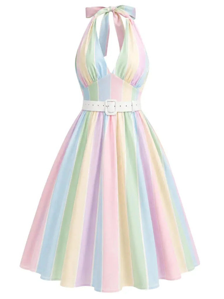 1950s Rainbow Striped Halter Belted Dress