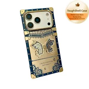 Retro Square Design Light Luxury Aristocratic Style Electroplated Gold Butterfly Diamond-Embellished Mirror Phone Case| Square bracket anti-drop protective case| Compatible with iPhone 17promax/16promax