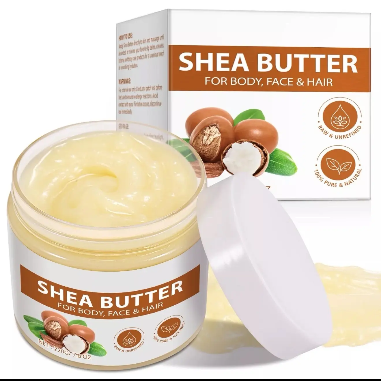 Pure Organic Shea Butter Raw, Unrefined Body & Face Butter - 100% Natural Vitamin A, E & F - Long-Lasting Hydration for Dry Skin, Hair Care, 7.8 oz