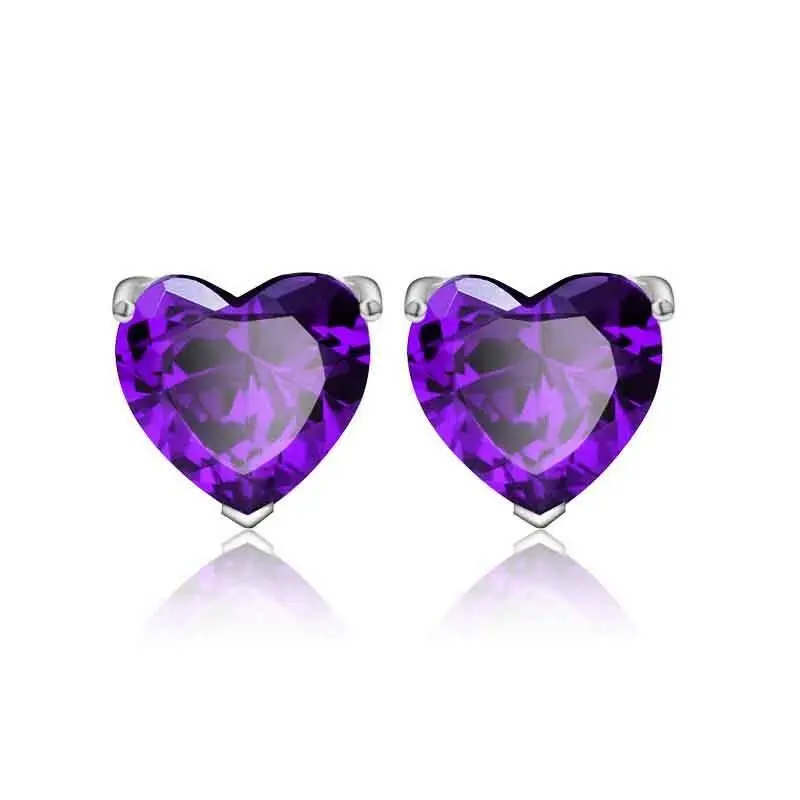 925 Sterling Silver Amethyst Heart CZ Shaped Stud Earrings 5MM Cubic Zirconia