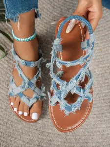 Women's Fashionable Denim Design Crossed Strap Sandals, Bohemian Trending Sandals, Casual Open Toe Sandals for Summer, Lightweight Breathable Comfortable Shoes for Daily Wear