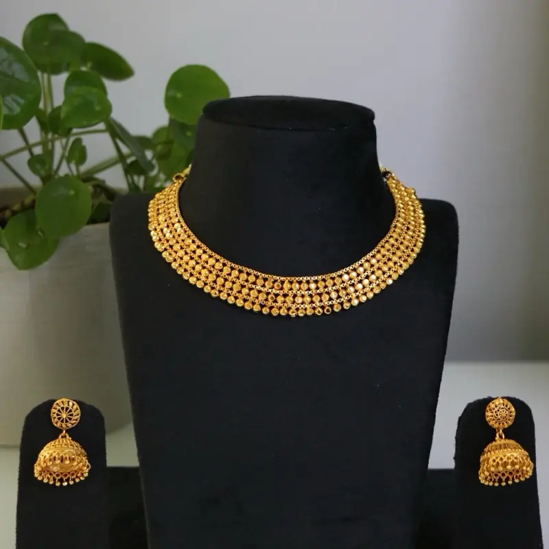 Women's Nepali Designer Gold-Plated Cultural Traditional Mini Haar Necklace & Jhumka Earrings Set