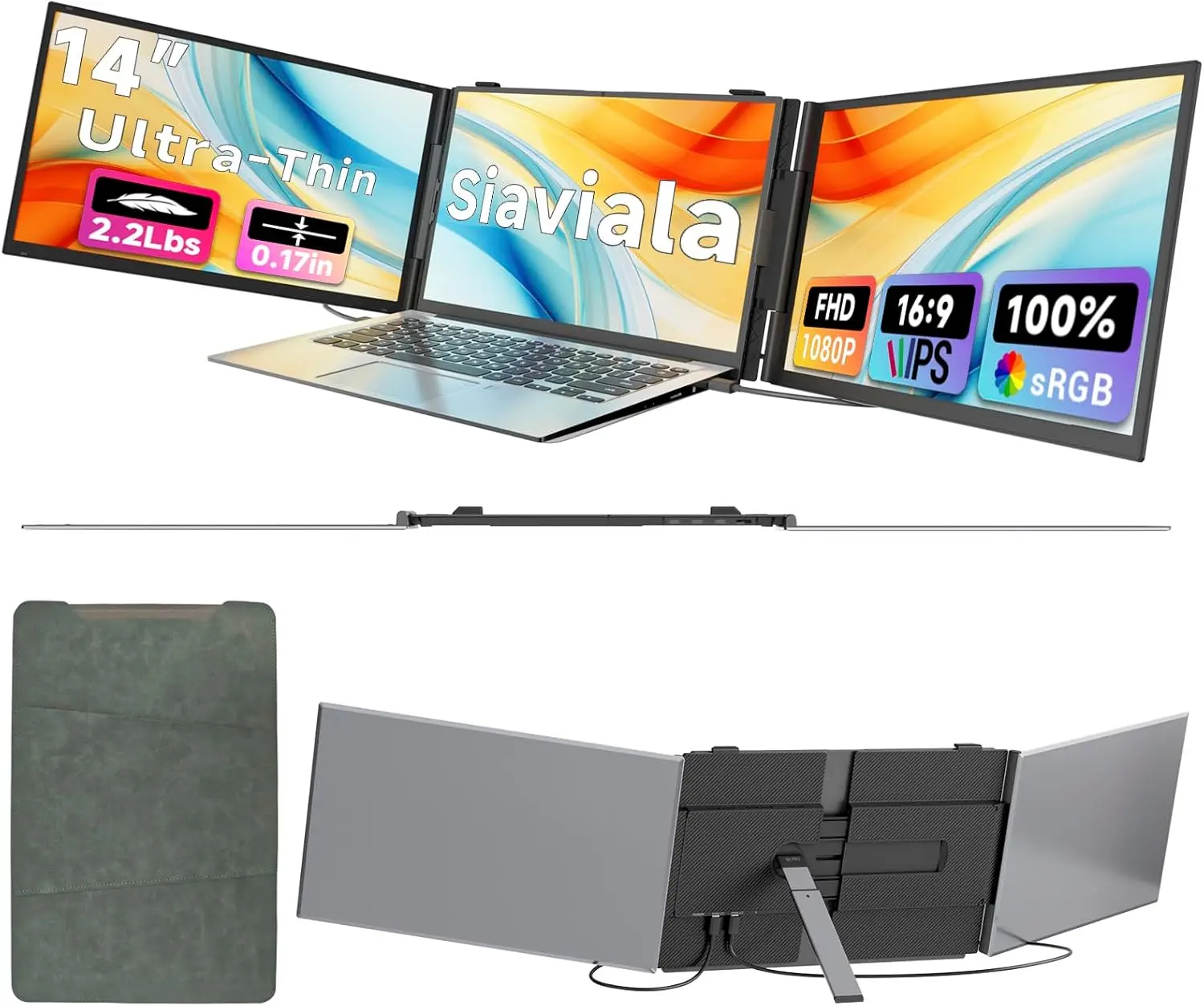 Siaviala Laptop Screen Extender 0.17" Ultra-Thin Ultra-Slim , 14" 1080P FHD IPS Portable Monitor, Triple Screen Laptop Monitor Extender for 13"-17" Laptops, Plug & Play for Mac/Android/Chrome computer accessory,back to school,back to school haul