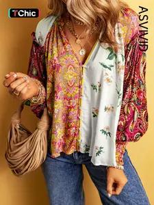 Women's Floral Print Frill Trim Shirred Notched Blouse, Boho Bishop Sleeve Button Front Top for Spring & Fall, Women's Clothing for Daily Wear