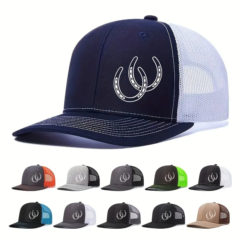 Unisex Horseshoe Snapback Trucker Hat - Adjustable Mesh Back, Western Style Double Print, Lightweight Breathable, Curved Brim, Stylish Mens Hat, Men's Adult Accessories, Stylish Hat, Mens Hats