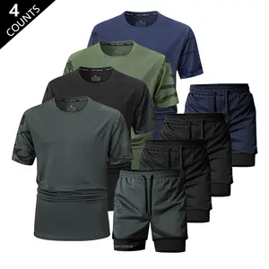Men’s summer short-sleeve sports set featuring a camouflage spliced-sleeve T-shirt made from quick-drying, breathable fabric. It dries quickly after workouts—ideal for running, fitness, basketball, and everyday training.