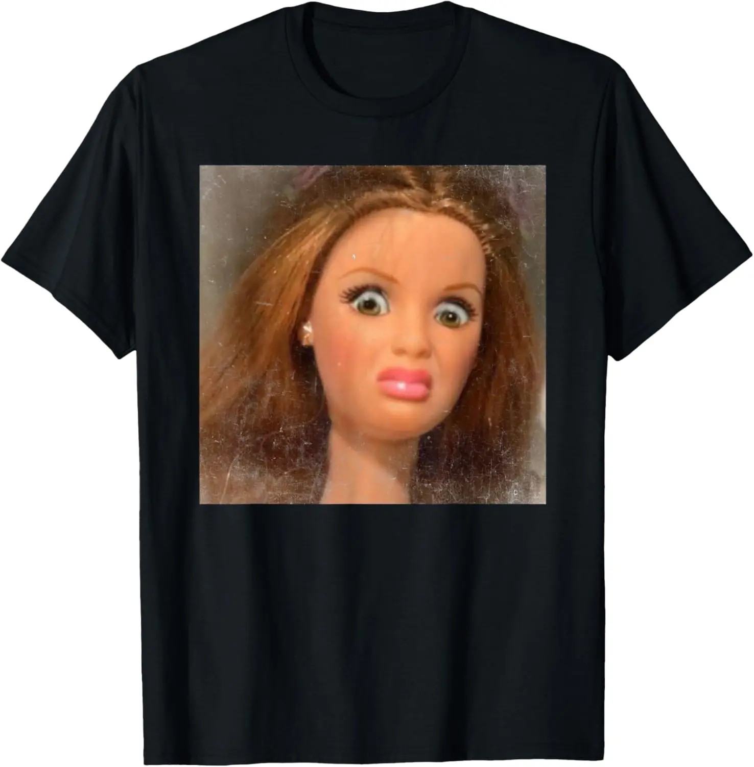 Women's 100% Cotton Short-Sleeve Round Neck Casual Distressed Unisex Streetwear Funny Doll Face Meme T-Shirt, Shortsleeve, Top, Tshirt, Vintage, Humorous Cartoon Character Women's T-Shirts, Cartoon Style, Unisex Gift Fit, Clothes, Wide Range Of Sizes