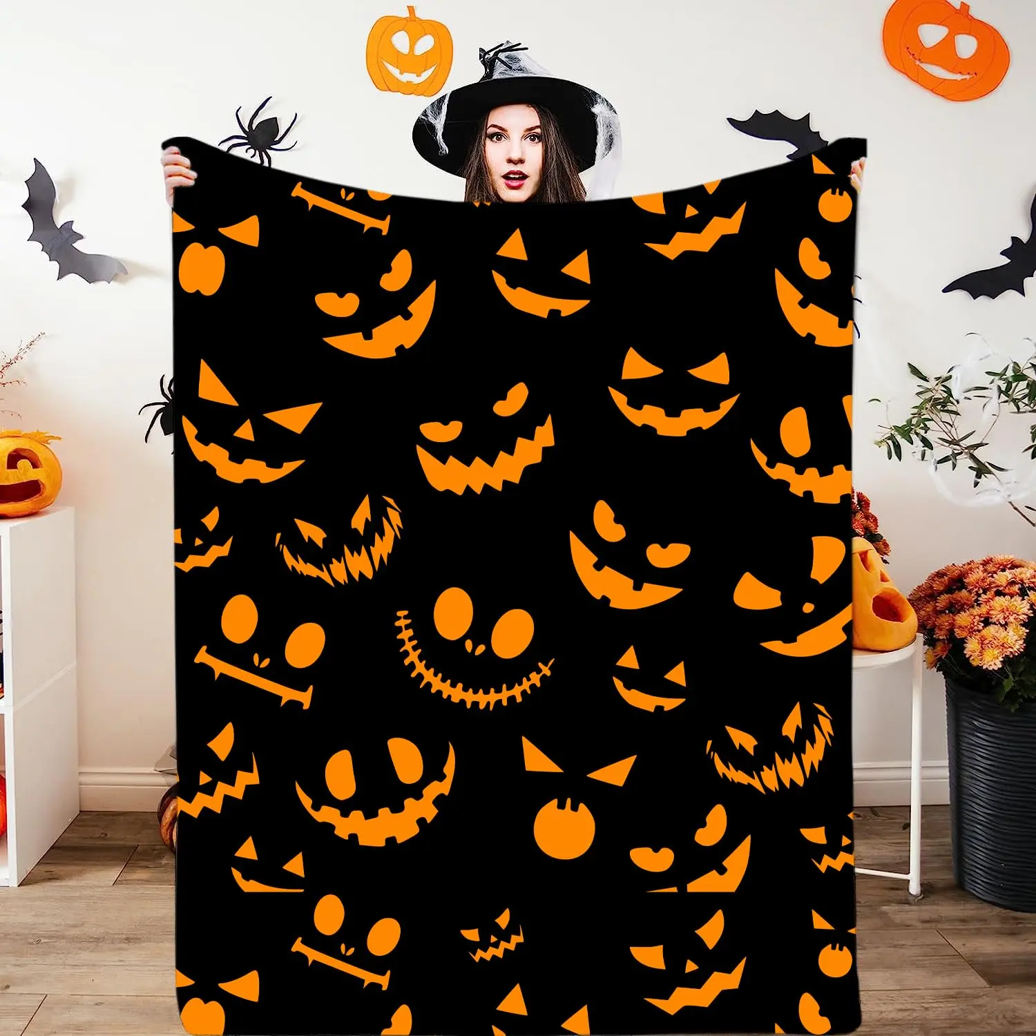 Halloween Throw Blanket, Black Ghost Blanket, Halloween Decorations Flannel Blanket Throw for Bed Sofa and Couch, Fluffy, Plush, Soft, Cozy, Warm Blankets (Black, 50x60 inches)