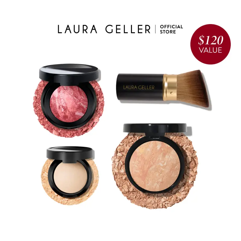 Laura Geller Daily Routine Natural Finish Full Face Kit 4 PC Baked Balance-n-Brighten Foundation Blush Highlighter Kabuki Brush - Makeup, Brow, Correcting