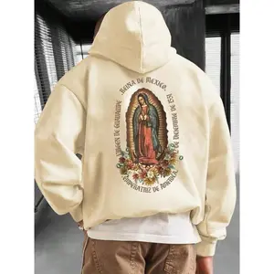 Men’s drop-shoulder hoodie with figure, floral, and letter prints; fashion casual regular fit hooded sweatshirt with drawstring and pocket for daily, holiday, and outdoor wear; men’s clothing for fall and winter.