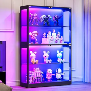 VanAcc Display Cabinet with RGB Lights, 4-Tier Storage Display Case for Collectibles, Adjustable Shelves, MDF and Tempered Glass, Black