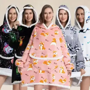 Adult Wearable Blanket Sweater, Cute Corgi Print, Soft Thickened Fabric, Warm Modern Style, Perfect for Home & Outdoor Use, Cozy Hooded Blanket