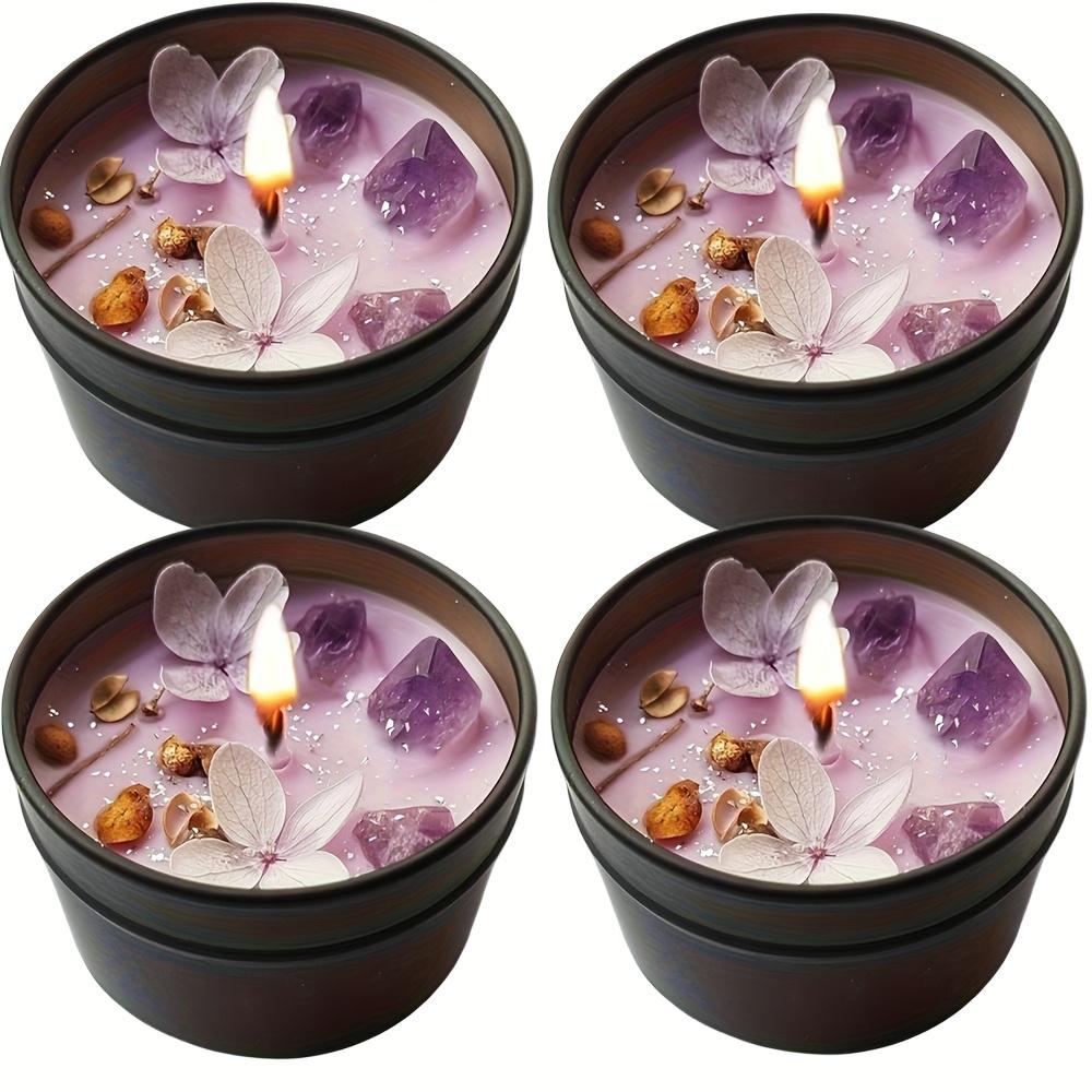 4-piece set of purple amethyst lavender soy wax scented candles with crystal petals embedded, aesthetic fragrance in iron tin candles, home decor for relaxation and gifting, creative/candle making - mold materials