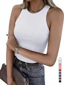 Womens Tank Tops High Neck Sleeveless Ribbed Tank Casual Basic Thick Strap Slim Fitted Racerback Shirts Minimalist