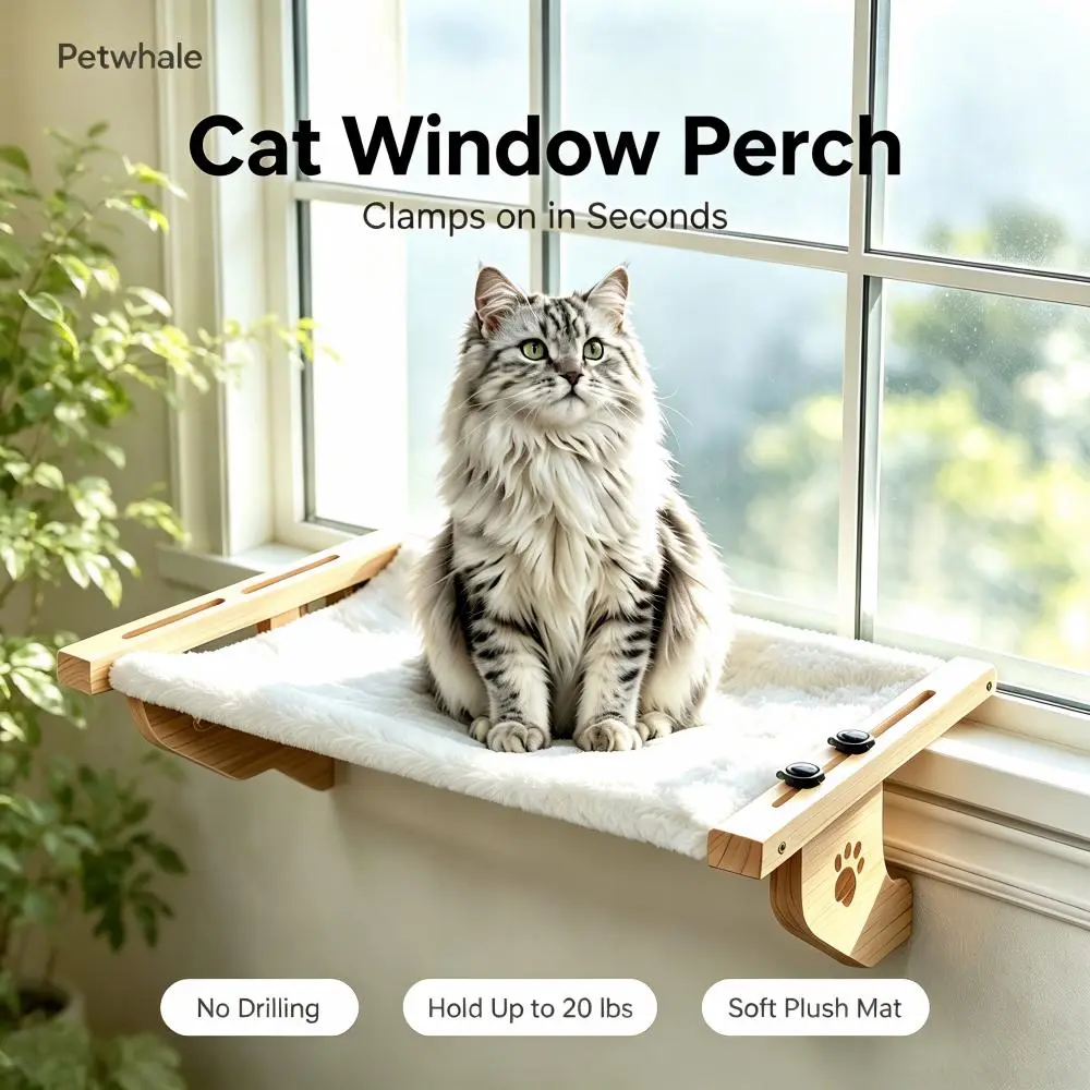 Petwhole Cat Window Sill Perch-Natural Wood & Metal Frame for large Cats and Kittens, Adjustable Foldable Cat Window Bed with Large Load Capacity,Sturdy and durable,Universal Fit for All Windowsills & Bedside,Easy to Adjust,Cat Sunbathing Rest Essential