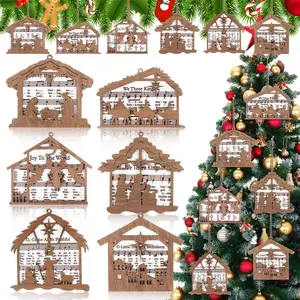 Easter Decor 24 Pcs Christmas Nativity Scene Decor with Christian Music Sheet 3D Wooden Nativity Scene Hanging Sign for Chriatisn Family Church Sunday School Decor Easter Party Favor