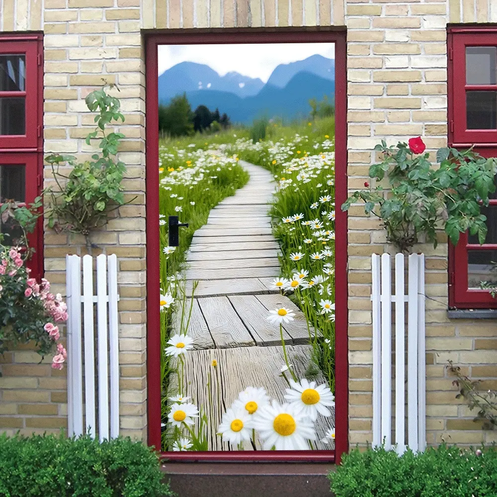 2pcs Pastoral Wooden Path Daisy Wall Stickers Natural Landscape Removable Self Adhesive Wall Decor for Bedroom Living Room Fresh Plant Scenery Mural Decals Home Decorative Wall Art Stickers