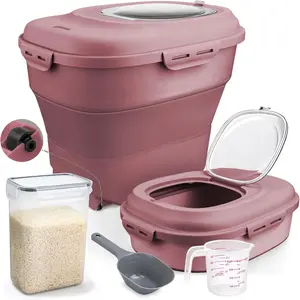 Rice Storage Bin Cereal Containers, 13-50lb Collapsible Rice Container Dispenser with Transparent Lid, Rolling Wheels, Measuring Cup and Scoop, Airtight Dog Cat Pet Food Storage Container Pink