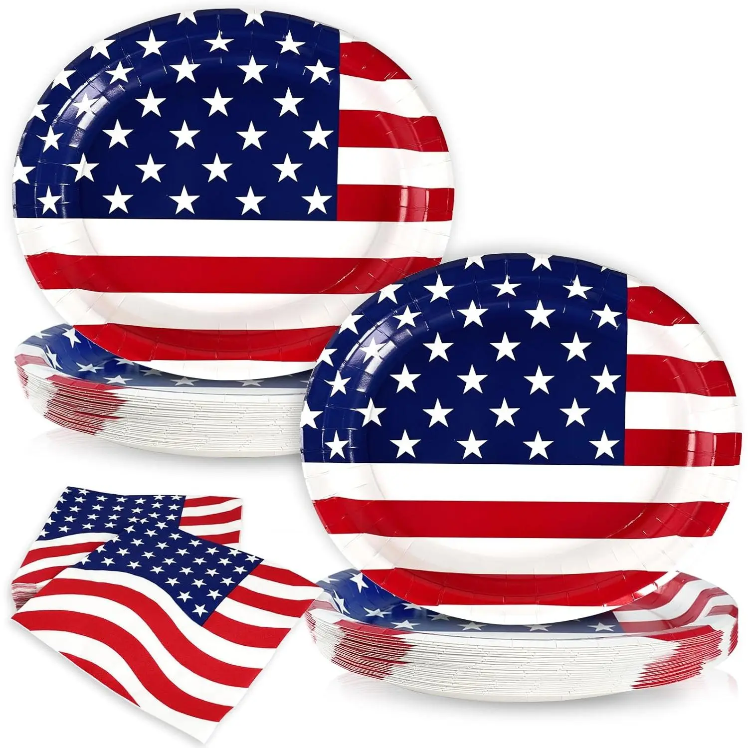 100 Pcs 4th of July Patriotic Stripes Paper Plates and Napkins Set, Heavy-Duty 12"x10" Large Red White Blue Oval Disposable Tableware Set for Veterans, Election Day