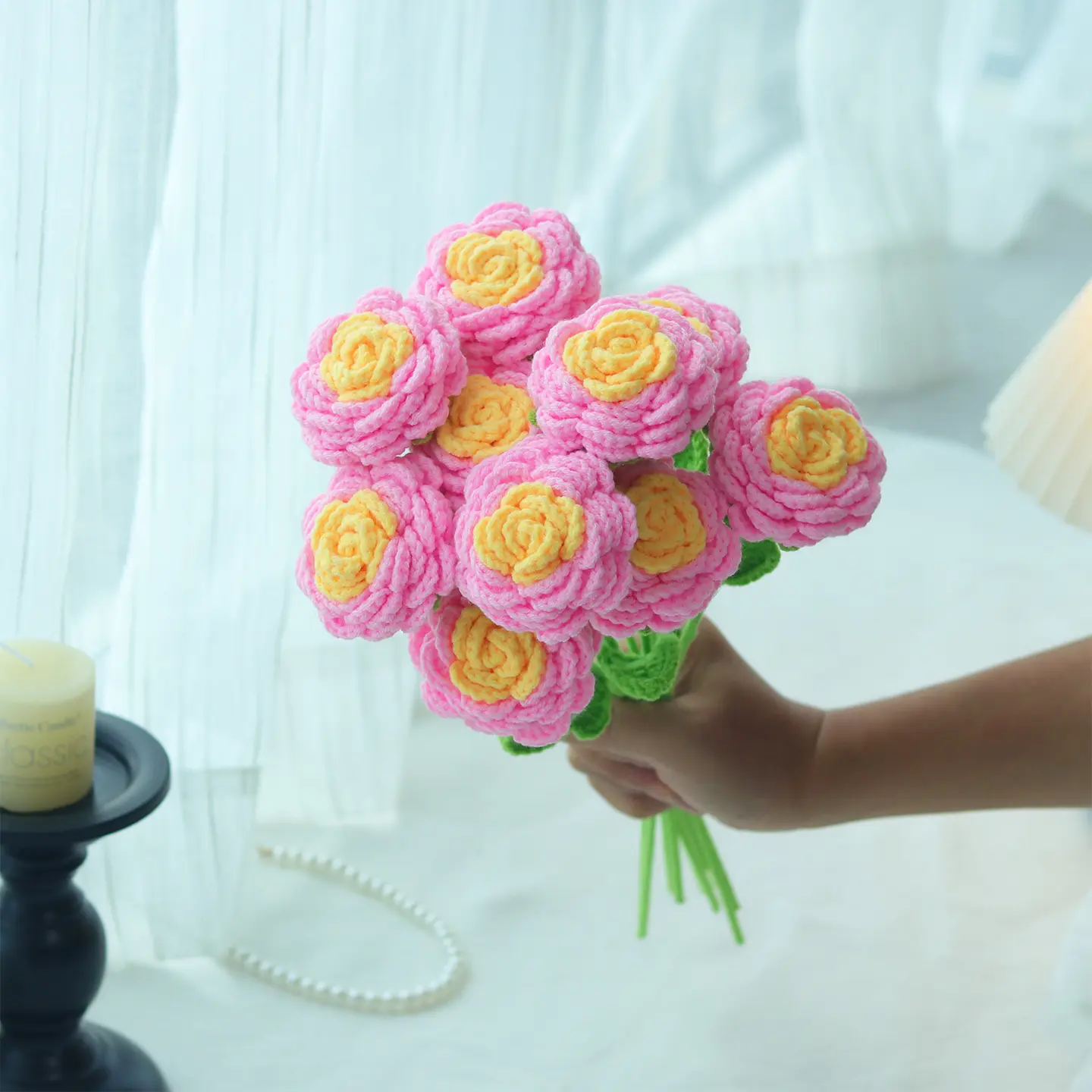 Handmade Peony Bouquet Set, Fake Bouquets, Crochet Artificial Fake Flowers for Wedding Decorations, Valentine's Day Gift Ideas, Home & Party Decoration Accessories, Faux Flower Decor, Faux Floral Decor, Faux Decorative Flowers