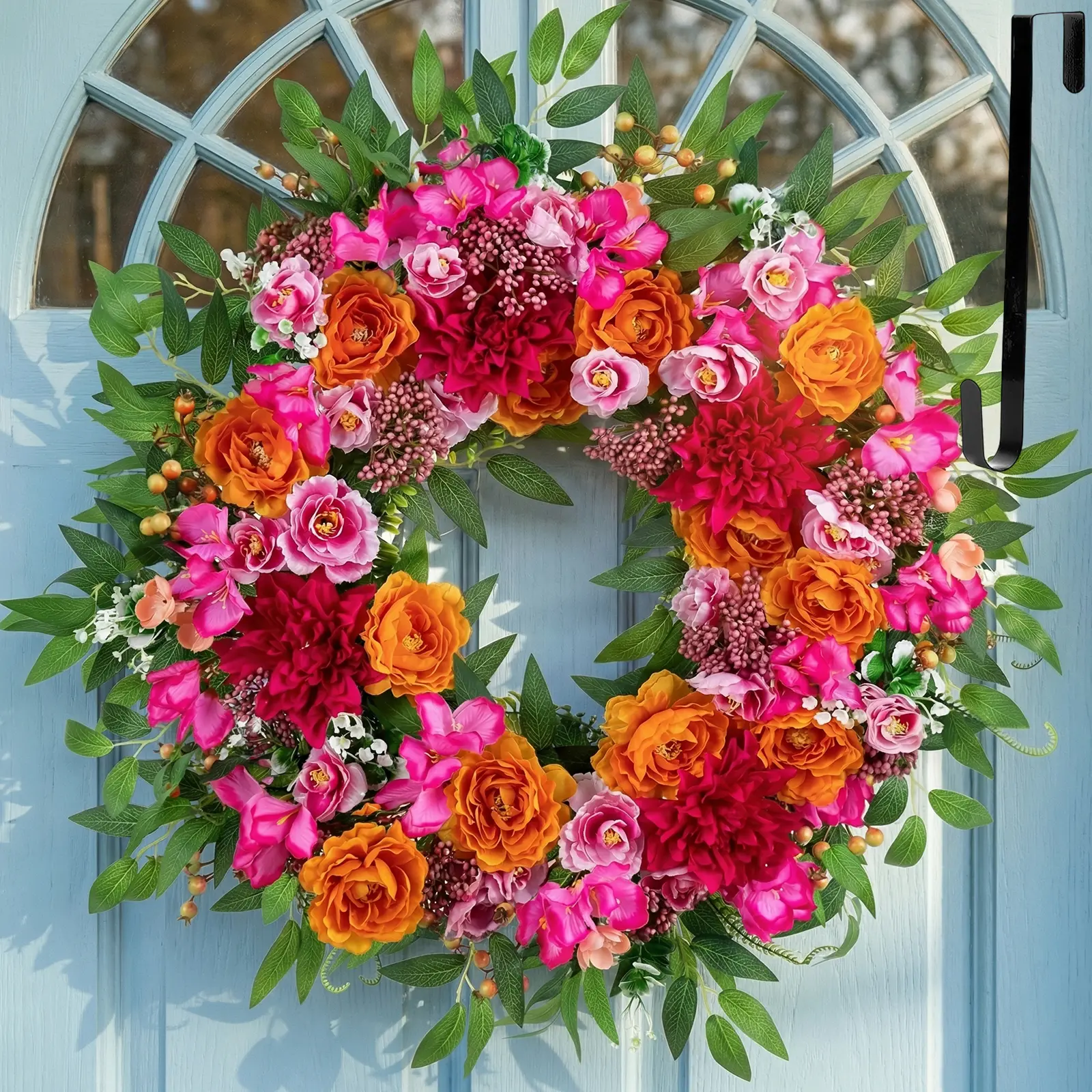 26inch Pink & Orange Silk Artificial Flower Wreath with Hanger, Hanging Ornaments with Dahila, Peony, Hydrangea for Front Door, Porch Mantel, Pink & Orange (26Inch)