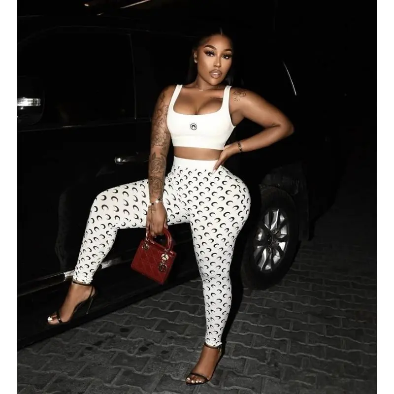 (New)2-piece women's slim shoulder strap crop top and leggings set for summer 2025 sexy club outfit women's short sleeved white camouflage camouflage suit