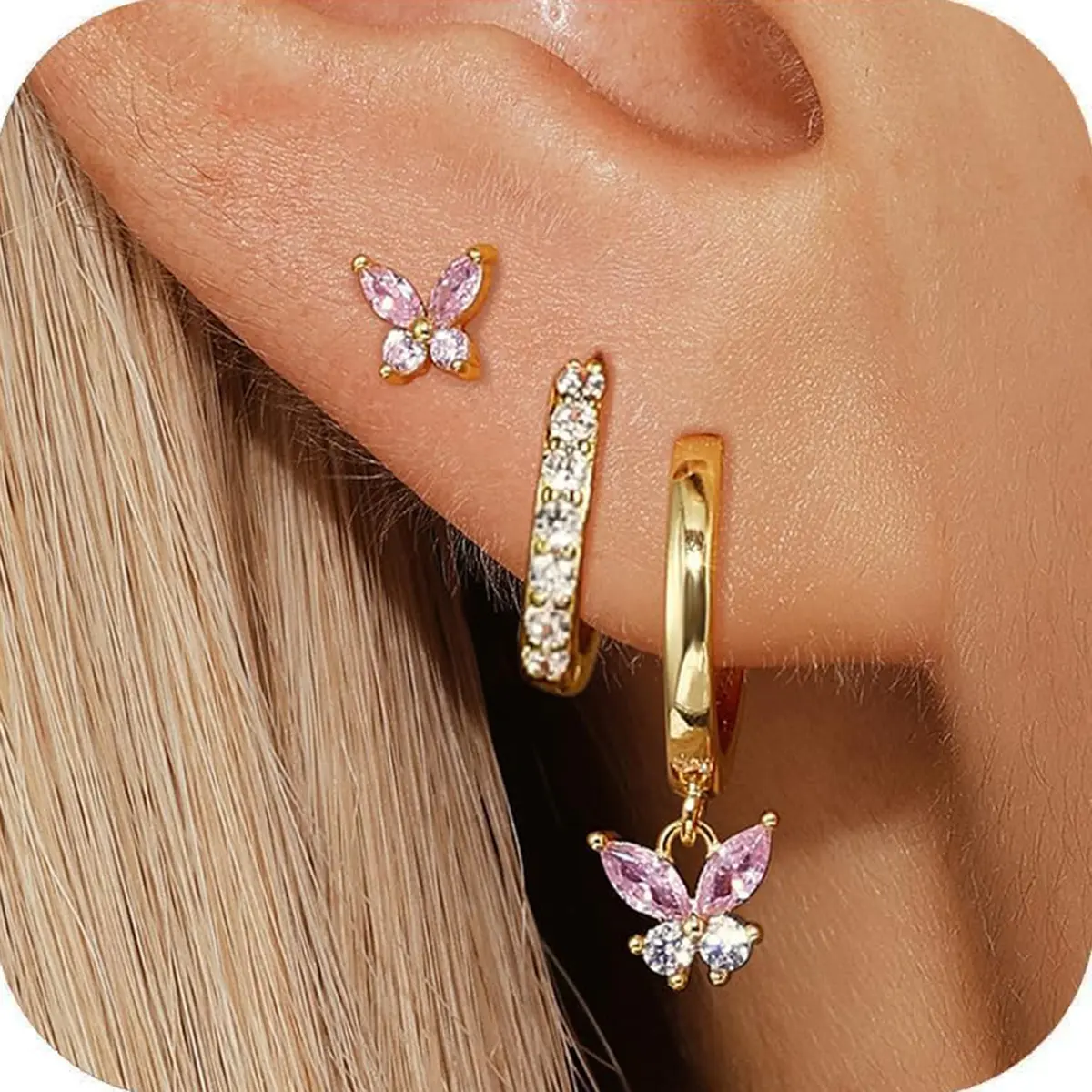 14K Gold Plated Hoop Earrings for Women, Dainty Pink Butterfly Star Sun Heart Hoop Earring Sets, Pink Earring Stacks Jewelry for Women Trendy