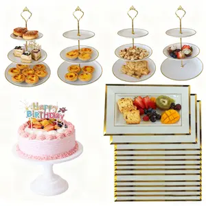 17pcs Professional Dessert Table Set, Includes 4 Tiered Stands, Cake Stand & 12 Gold-Rimmed Trays, All-in-One for Birthday, Wedding & Tea Party Displays