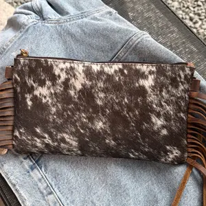 Cowhide Crossbody Bag - Brown and White Pattern with Fringe Details